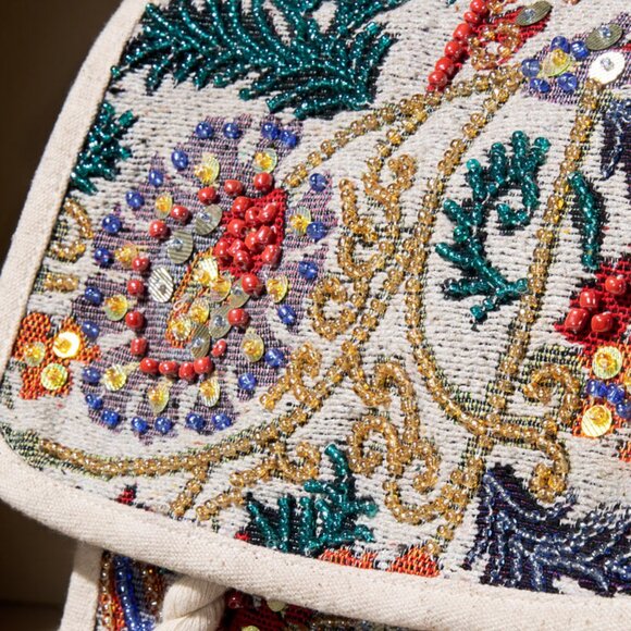 Handmade Boho Chic Backpack - Charming Jacquard Flower Pattern - Fine Cotton - Picture 9 of 11